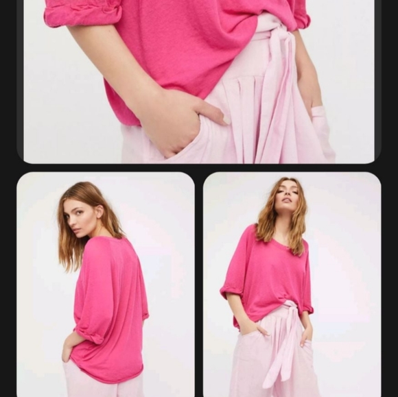 💖Free People Hot Fuschia PINK Shirt Sleeve wide neck off shoulder t-shirt New - Picture 2 of 5